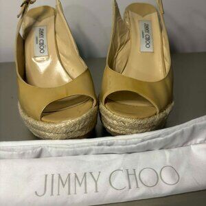 Jimmy Choo Nude Patent Leather Espadrille Wedge Sandals